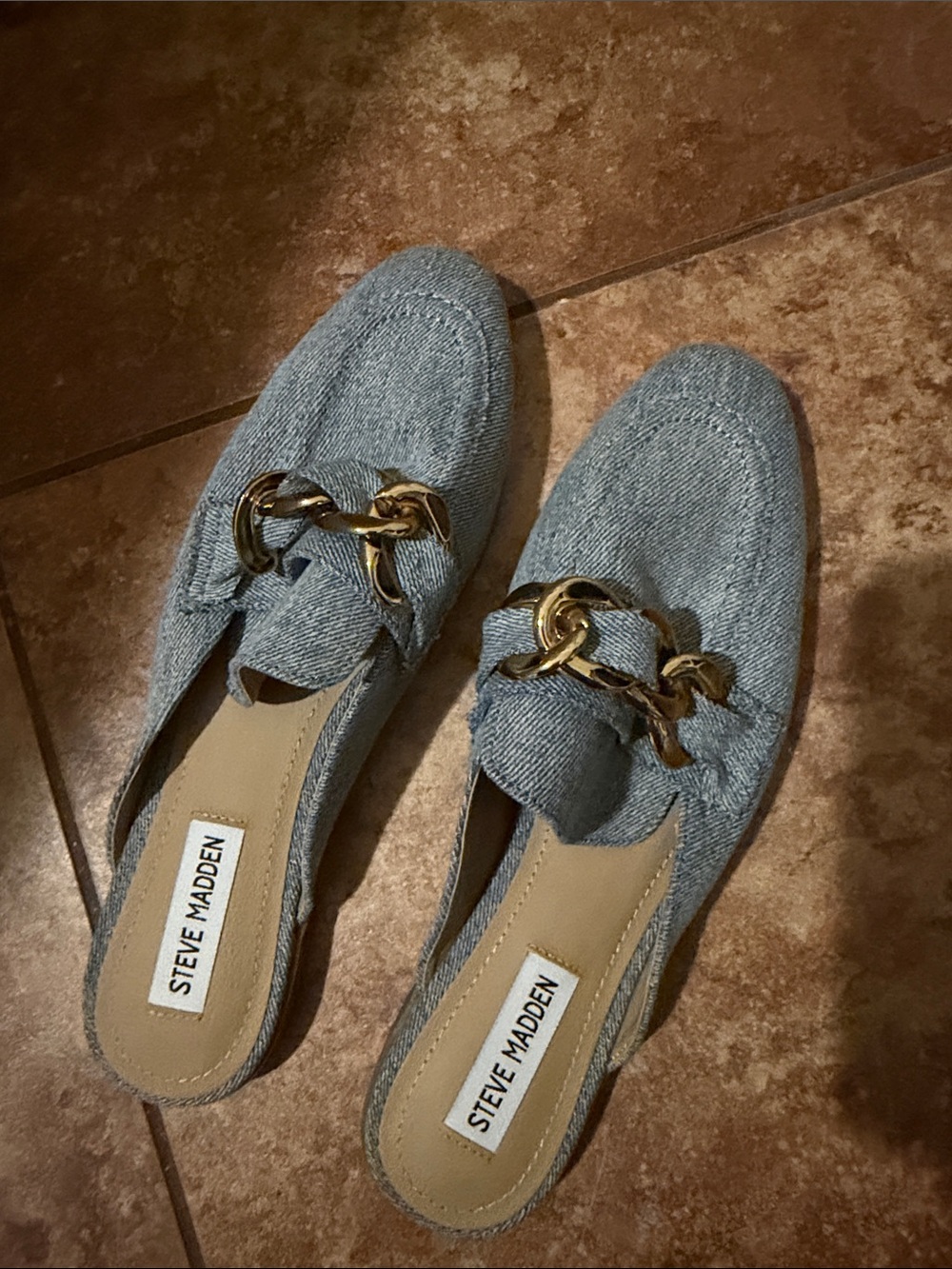 Steve Madden Light Blue Slip-On Mules with Gold Chain Detail